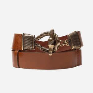 Mika Anchor Buckle Belt Cognac Brown Leather Belt with Brass Buckle M 90cm